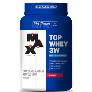 MAX TITANIUM Protein Pulver Top Whey 3W + Performance 900g Geschmack Erdbeere