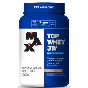 MAX TITANIUM Protein Pulver Top Whey 3W + Performance 900g Geschmack Frucht-Vitamin
